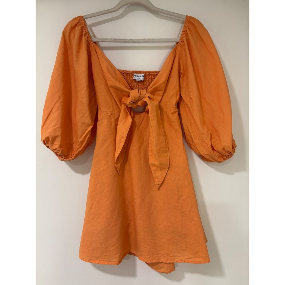 Charlie Holiday Linen Cotton Mini Dress Womens 2 Orange Tie Front Puff Sleeve XS